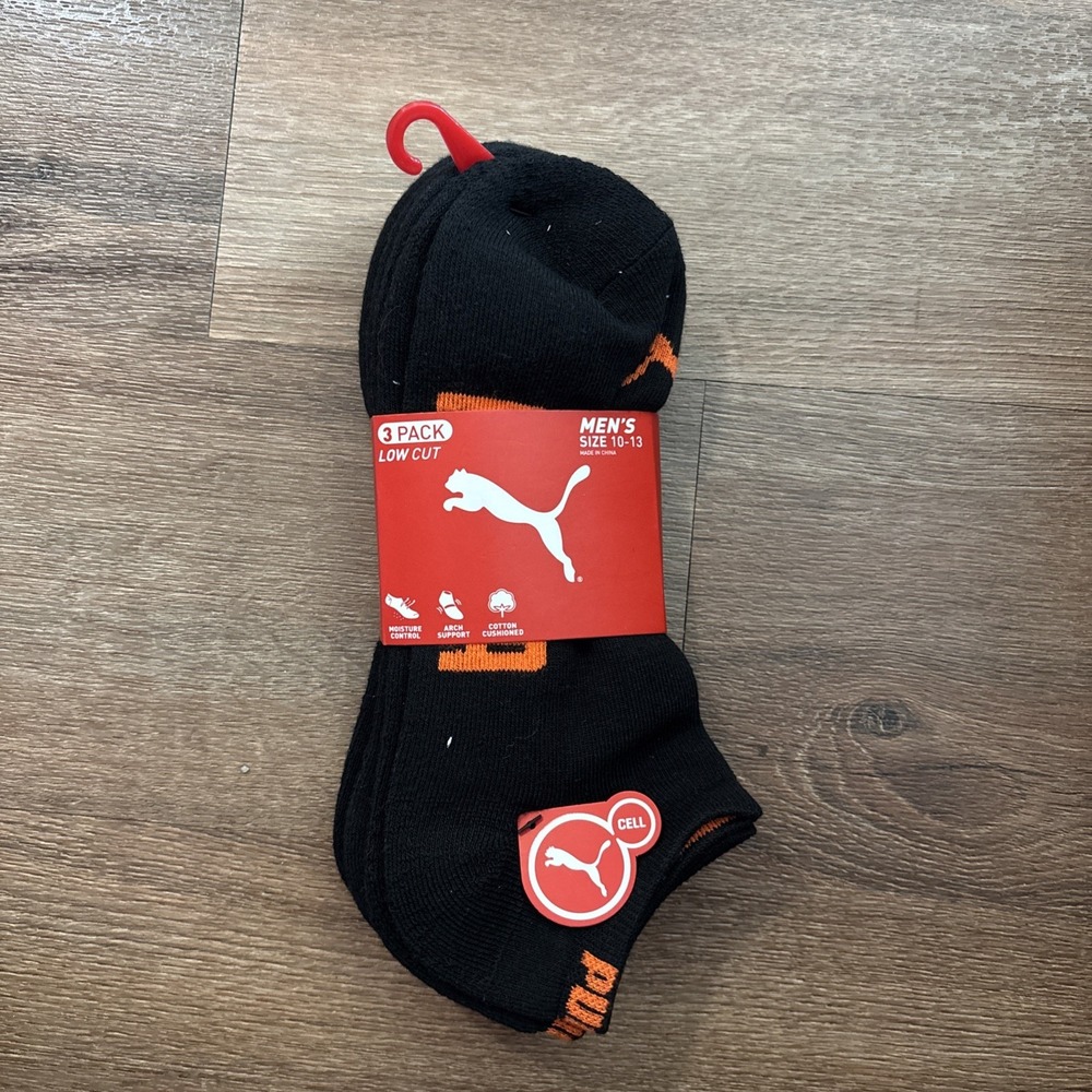 PUMA Low Cut Athletic Socks Mens 10-13 Black Cushioned Arch Support Black 3 Pack